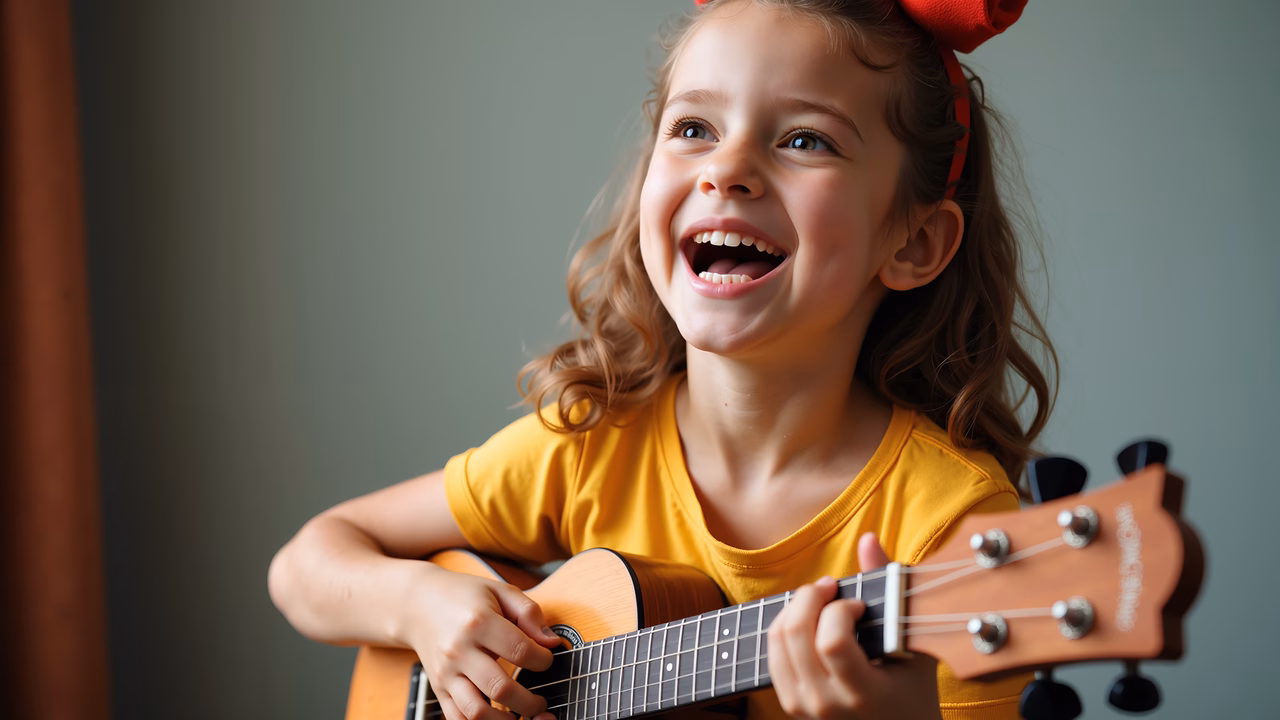 A cheerful child playing a ukulele, radiating joy and energy.