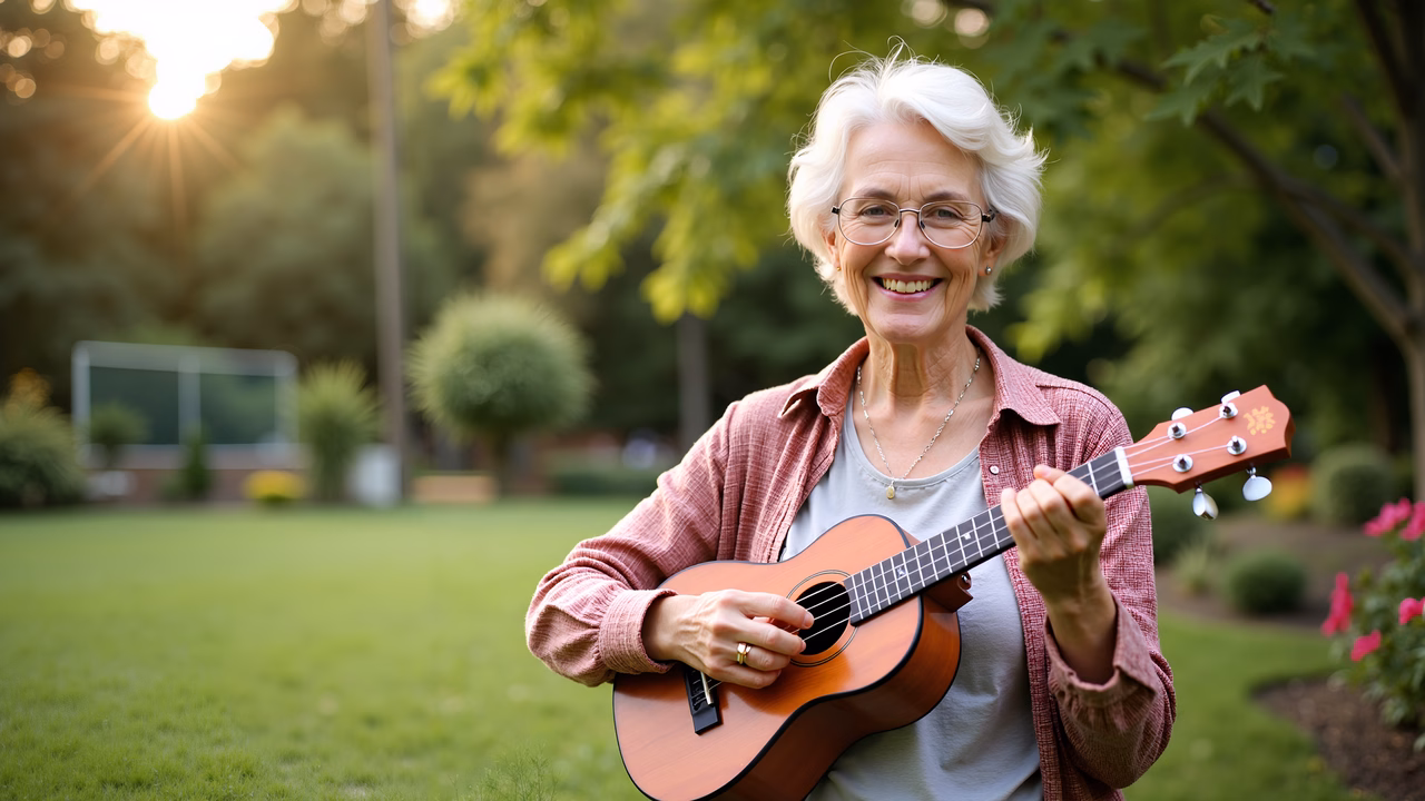 A happy senior woman playing a ukulele in a beautiful park setting.