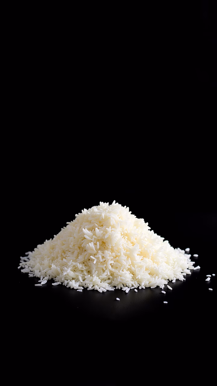 Close-up shot of white rice on a black background, highlighting its purity and simplicity.