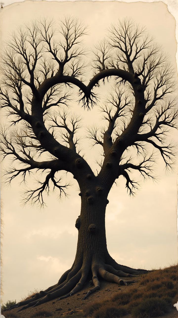 A heart-shaped tree with textured bark and spreading roots, set against a muted sky.