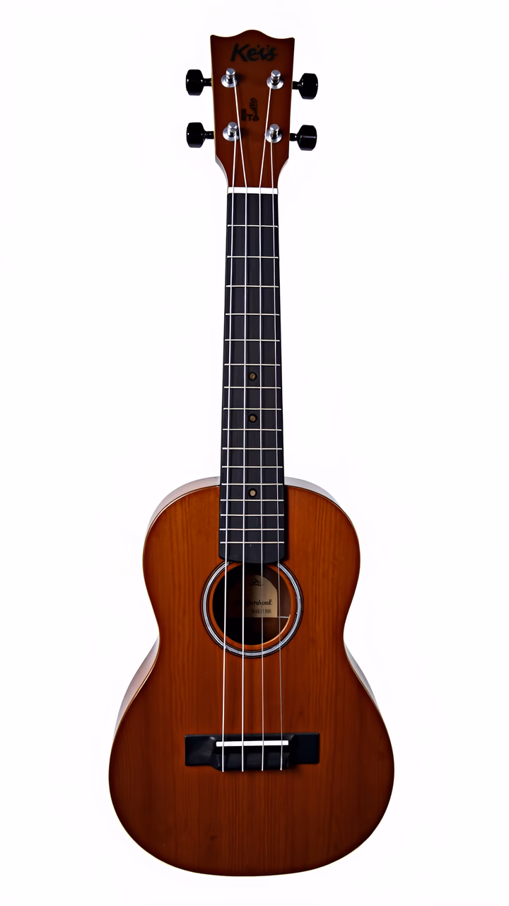Close-up of a Kea's ukulele with detailed wood grain and tuning pegs.