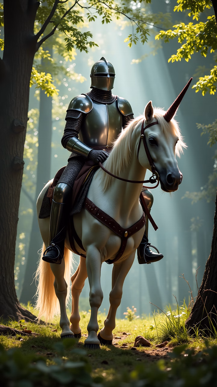 A knight on a unicorn in a sunlit forest, blending fantasy and adventure.
