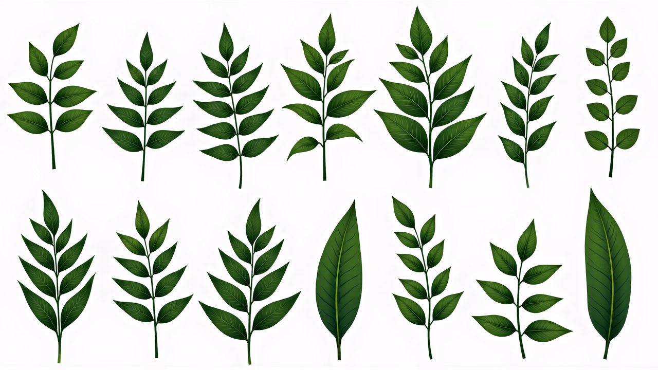 A collection of detailed, varied leaves arranged in a grid.
