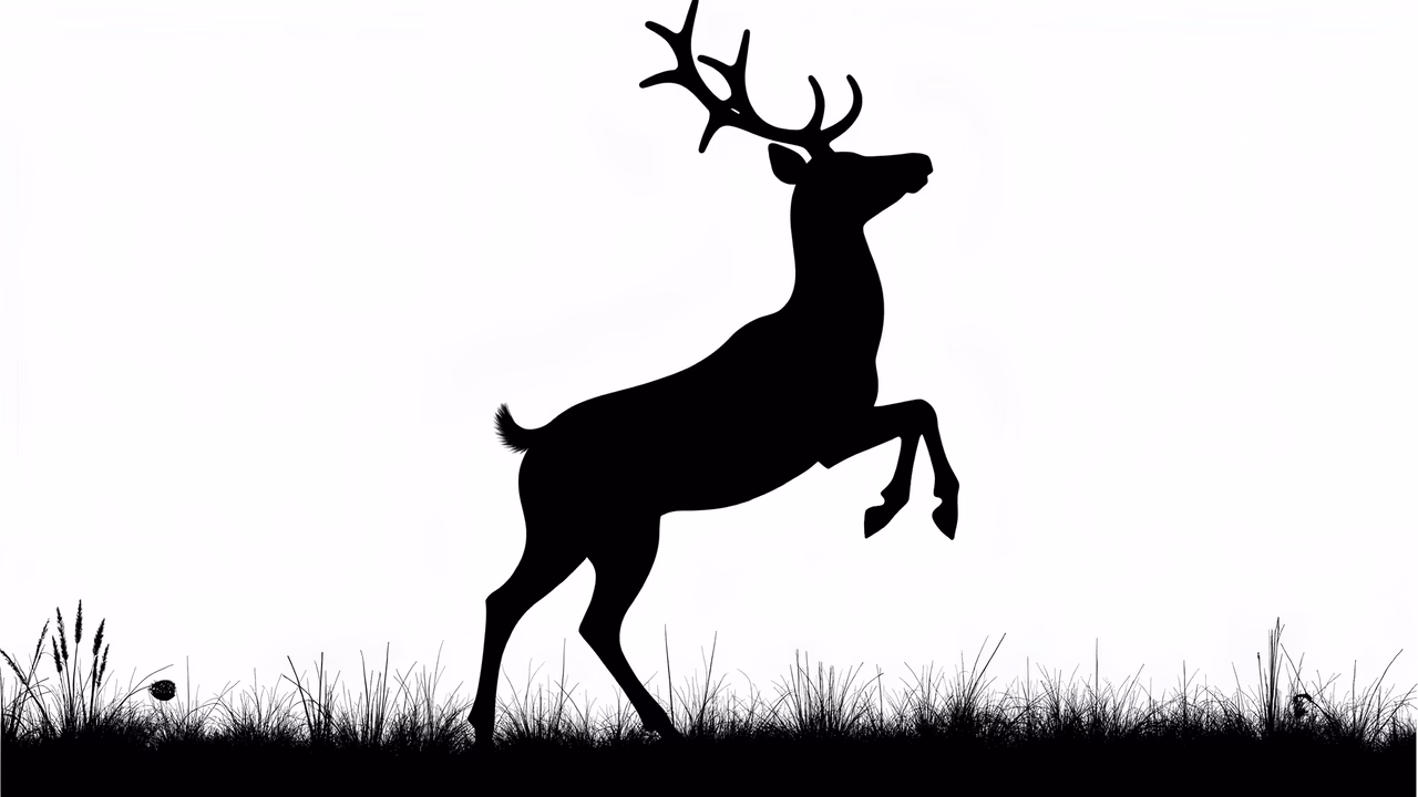 Dynamic black-and-white silhouette of a leaping deer, minimalist design, nature art