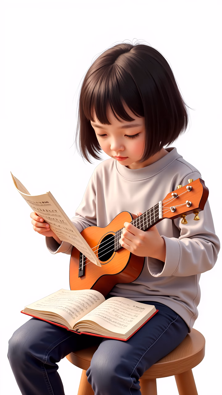 A child learning to play the ukulele, focusing on music education.