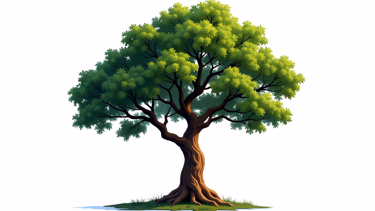 Vibrant green tree illustration with detailed branches and leaves, set against a white background.
