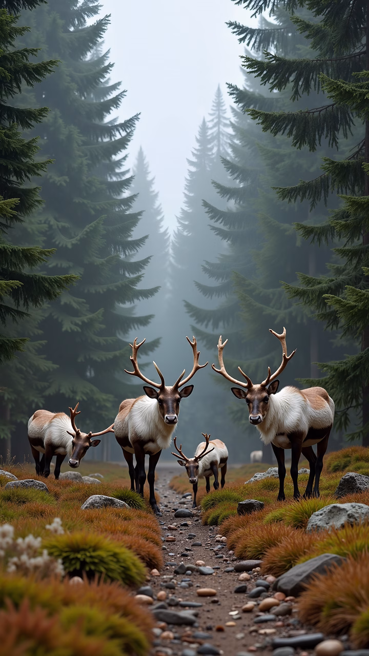 Majestic reindeer amidst a misty forest, evoking tranquility and natural beauty.