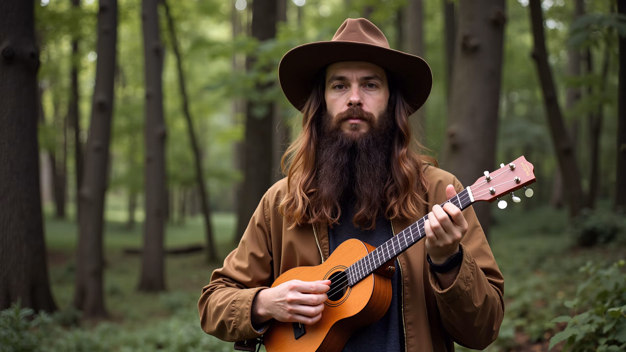 Man playing ukulele amidst lush forest, serene and peaceful ambiance.