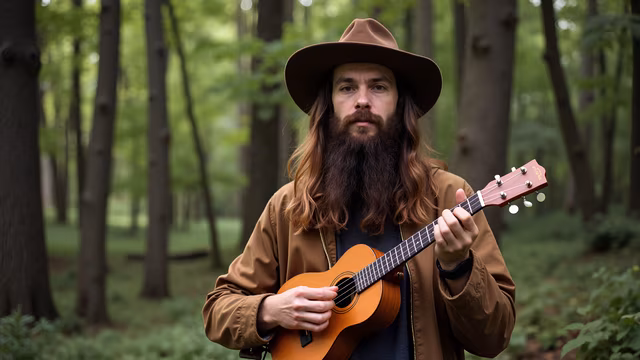 Man Playing Ukulele in Forest
