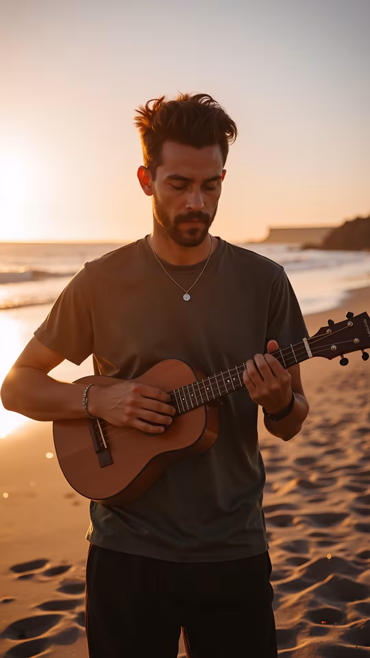 Man Playing Ukulele on Beach