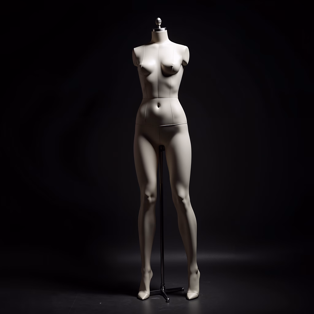 Minimalist mannequin figure against a black backdrop, ideal for fashion design showcases.
