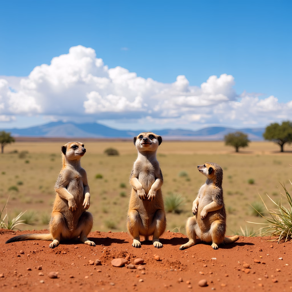 Three meerkats standing alert in a desert landscape under a clear blue sky.