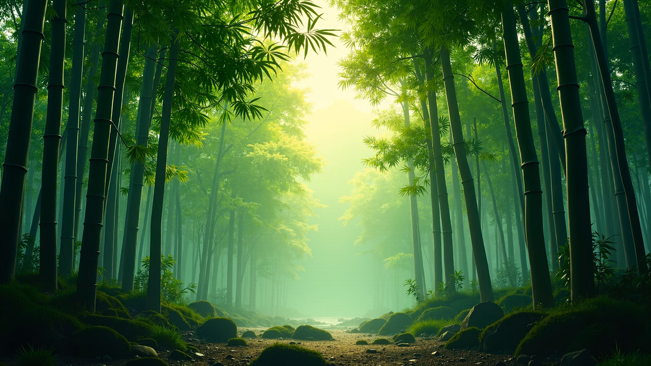 A peaceful bamboo forest illuminated by soft sunlight, featuring vibrant greens and a misty ambiance.