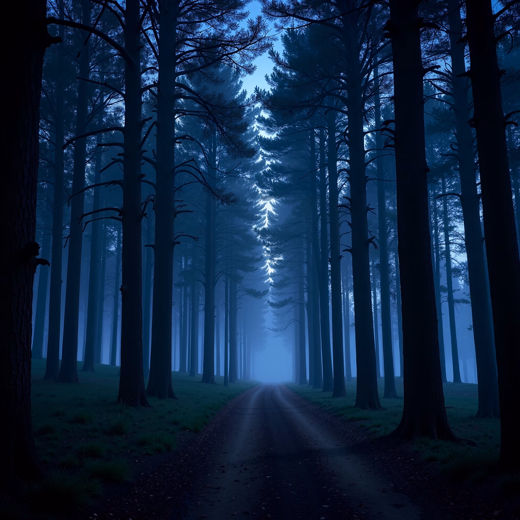 A misty forest path surrounded by tall trees, creating a serene and mysterious atmosphere.