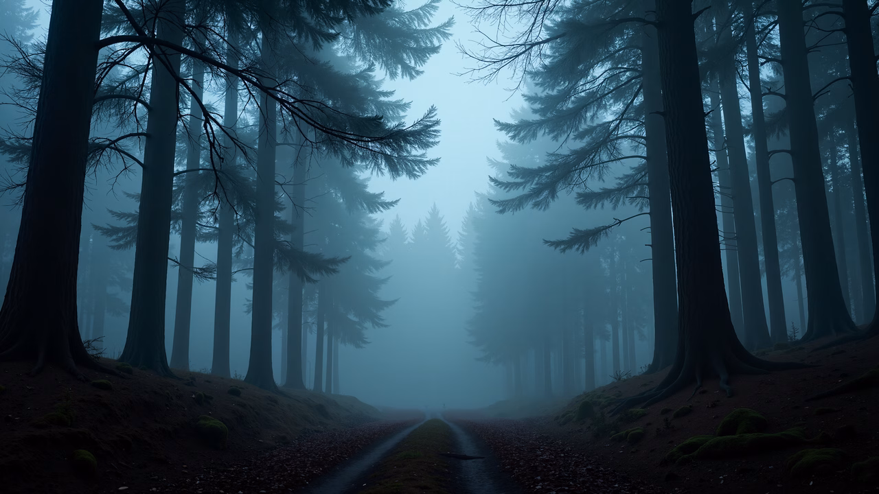 Misty forest path, serene nature, tranquil atmosphere, mysterious solitude