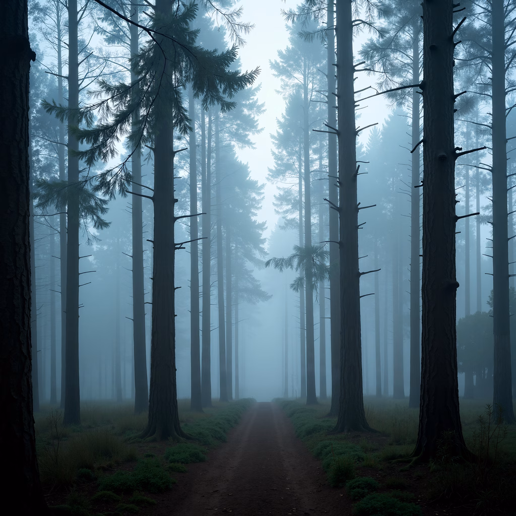 Misty forest path surrounded by tall trees, creating a serene and mysterious atmosphere.