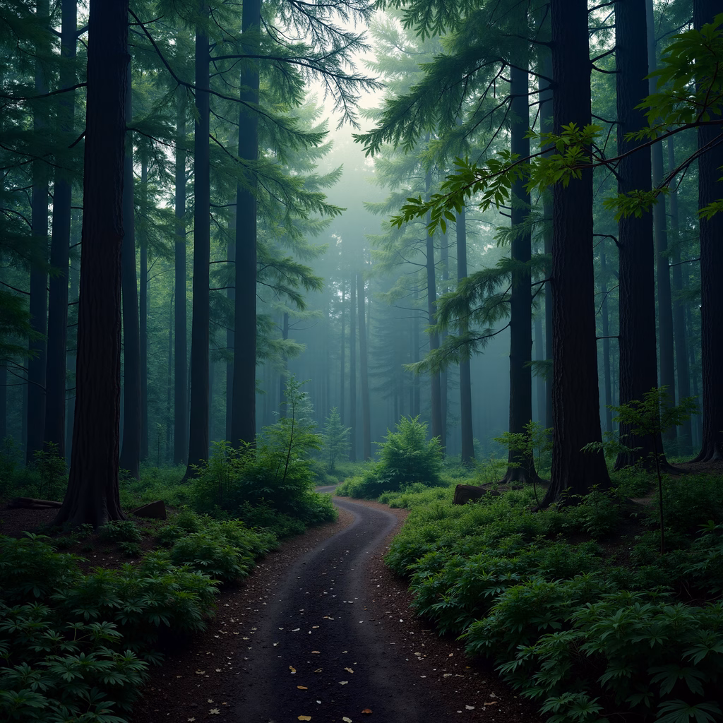 Mystical forest path amidst towering trees and soft mist.