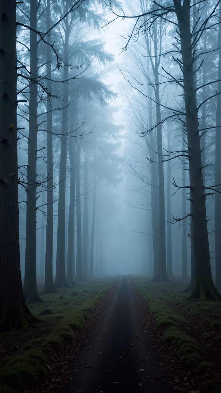 A misty forest path surrounded by tall trees and cool blue tones.