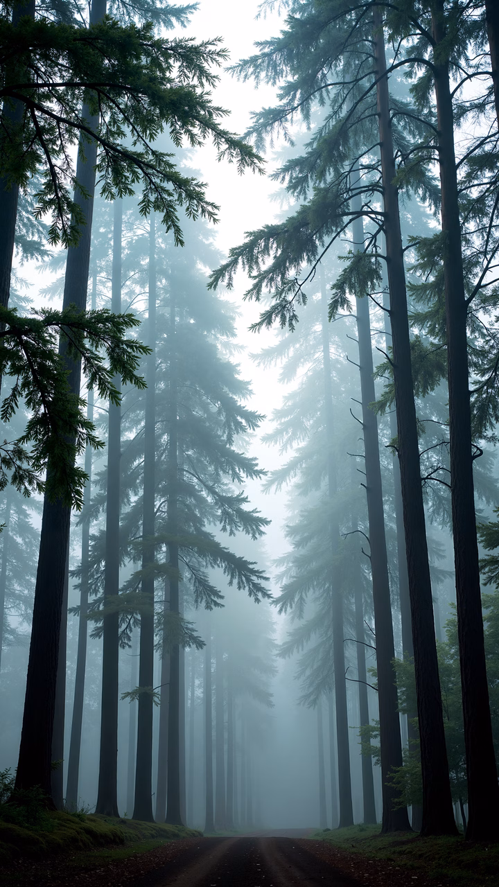 A misty forest path surrounded by tall trees, creating a serene and mysterious atmosphere.