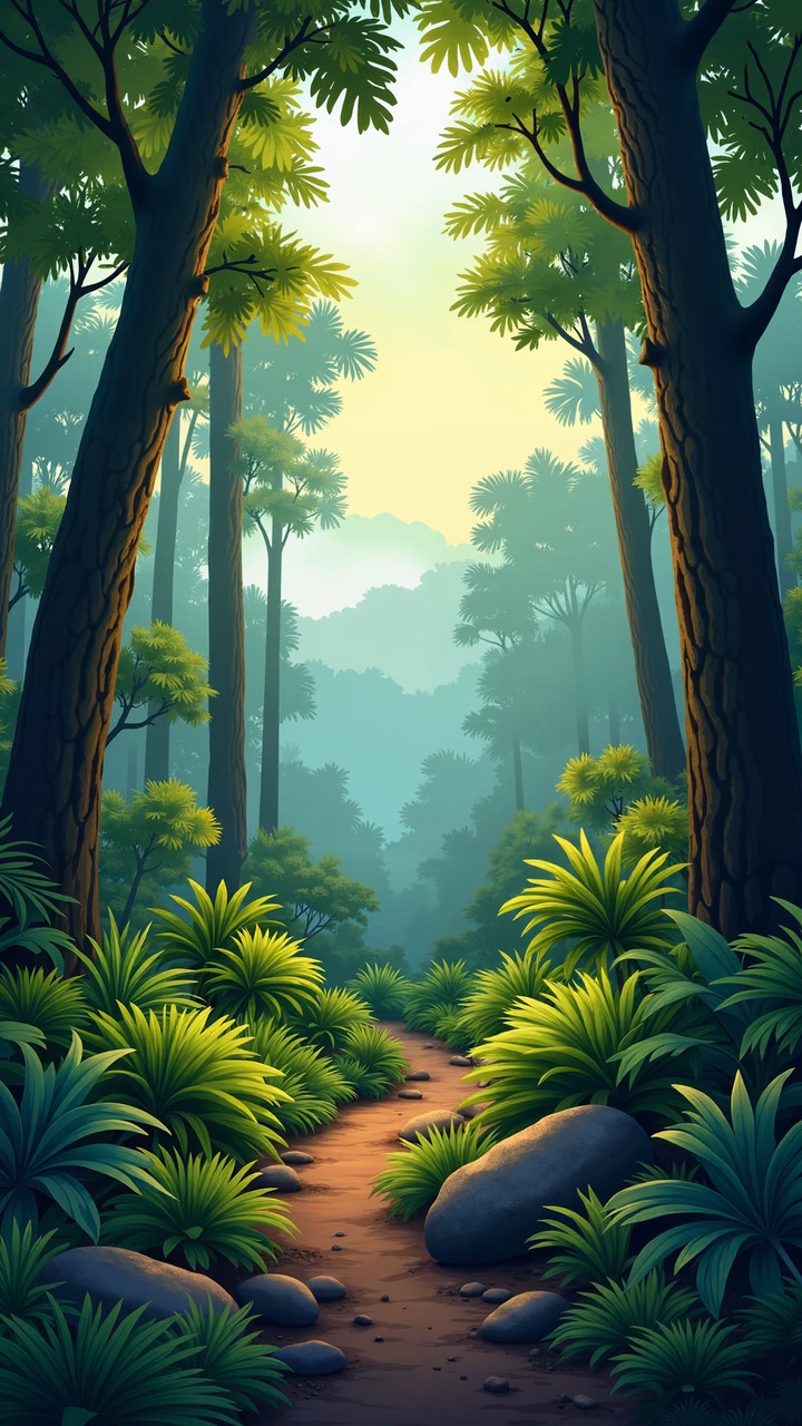 A tranquil forest path surrounded by lush greenery and tall trees, bathed in soft, diffused light.