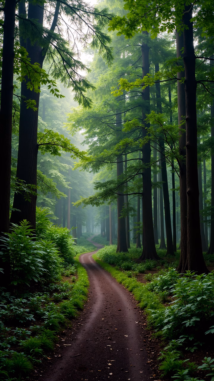 A peaceful forest path surrounded by tall trees and misty light.