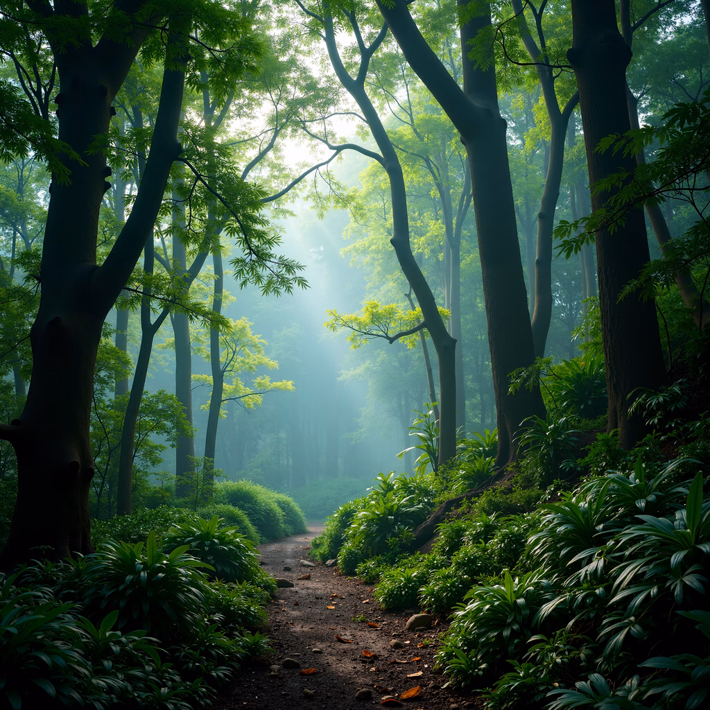 A misty forest path surrounded by vibrant greenery and diffused sunlight.