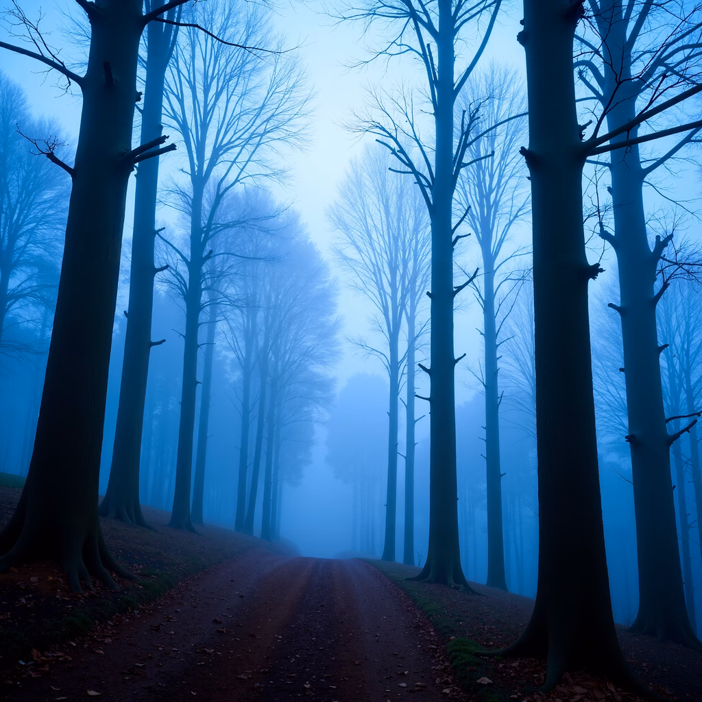 A tranquil forest path surrounded by misty trees in a cool blue tone.