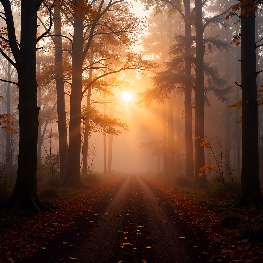 A misty forest path illuminated by the setting sun, evoking tranquility and mystery.