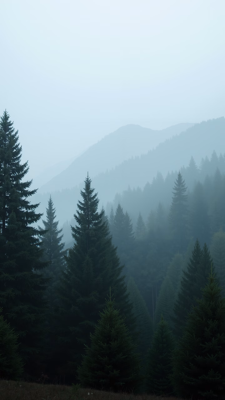 A misty forest scene with tall evergreens and soft diffused light.