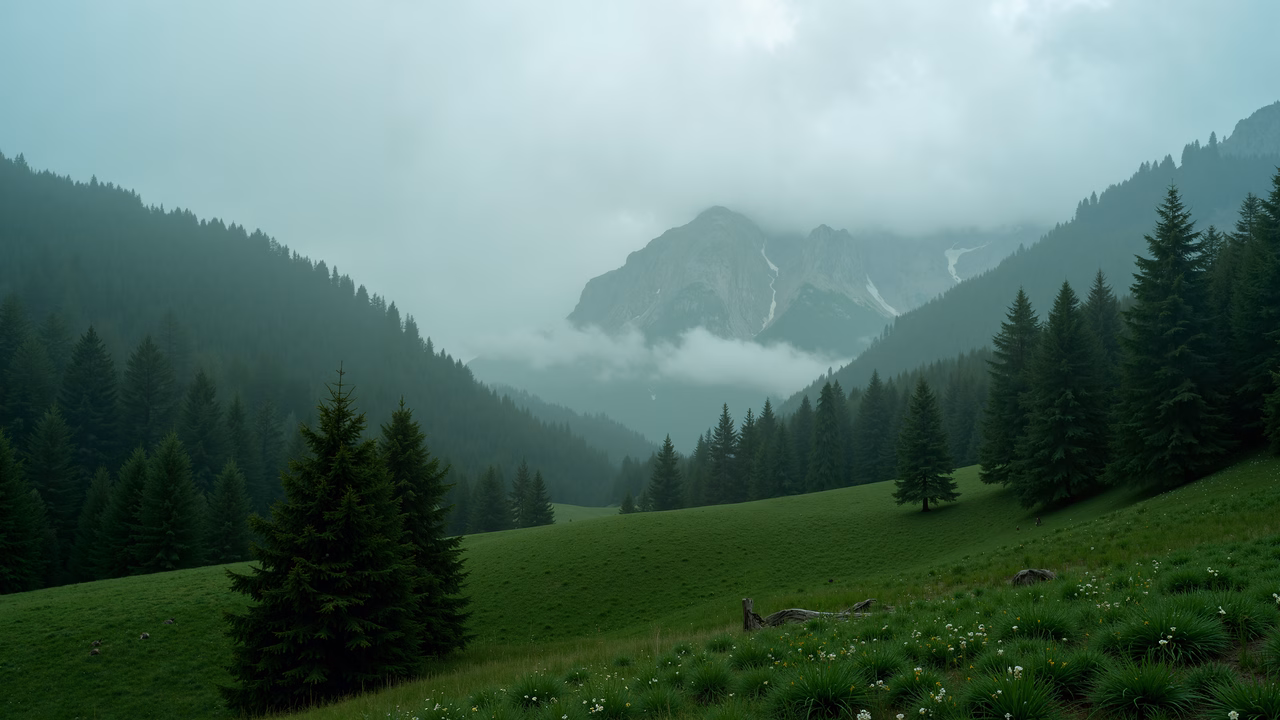 Misty mountain valley with lush green meadows and dense pine forests.