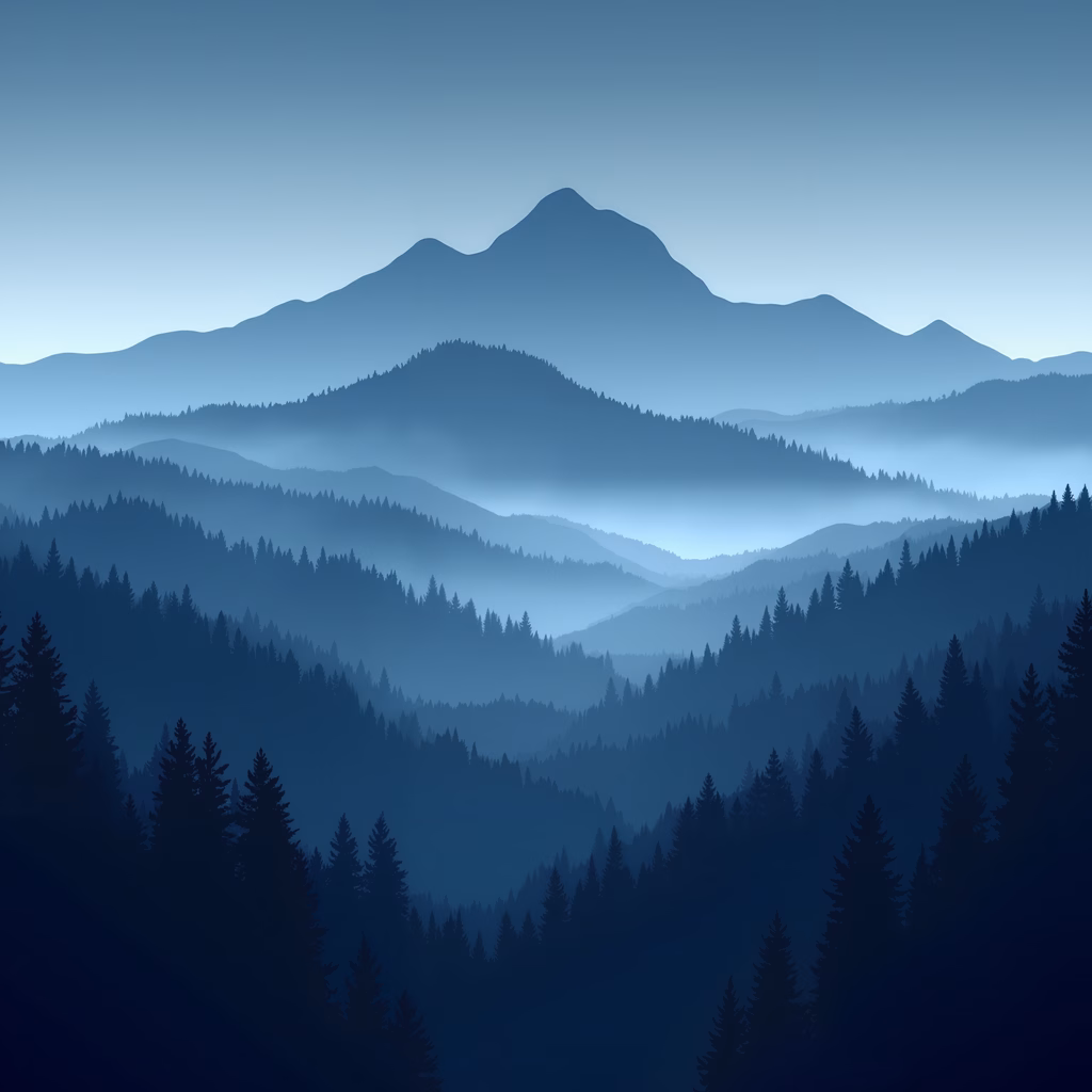 Misty mountains in deep blue tones, serene landscape, natural beauty, tranquil atmosphere