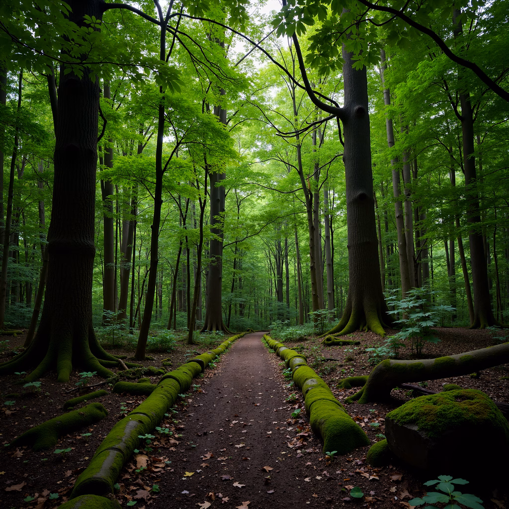 A mossy pathway through a lush forest, inviting tranquility and natural beauty.