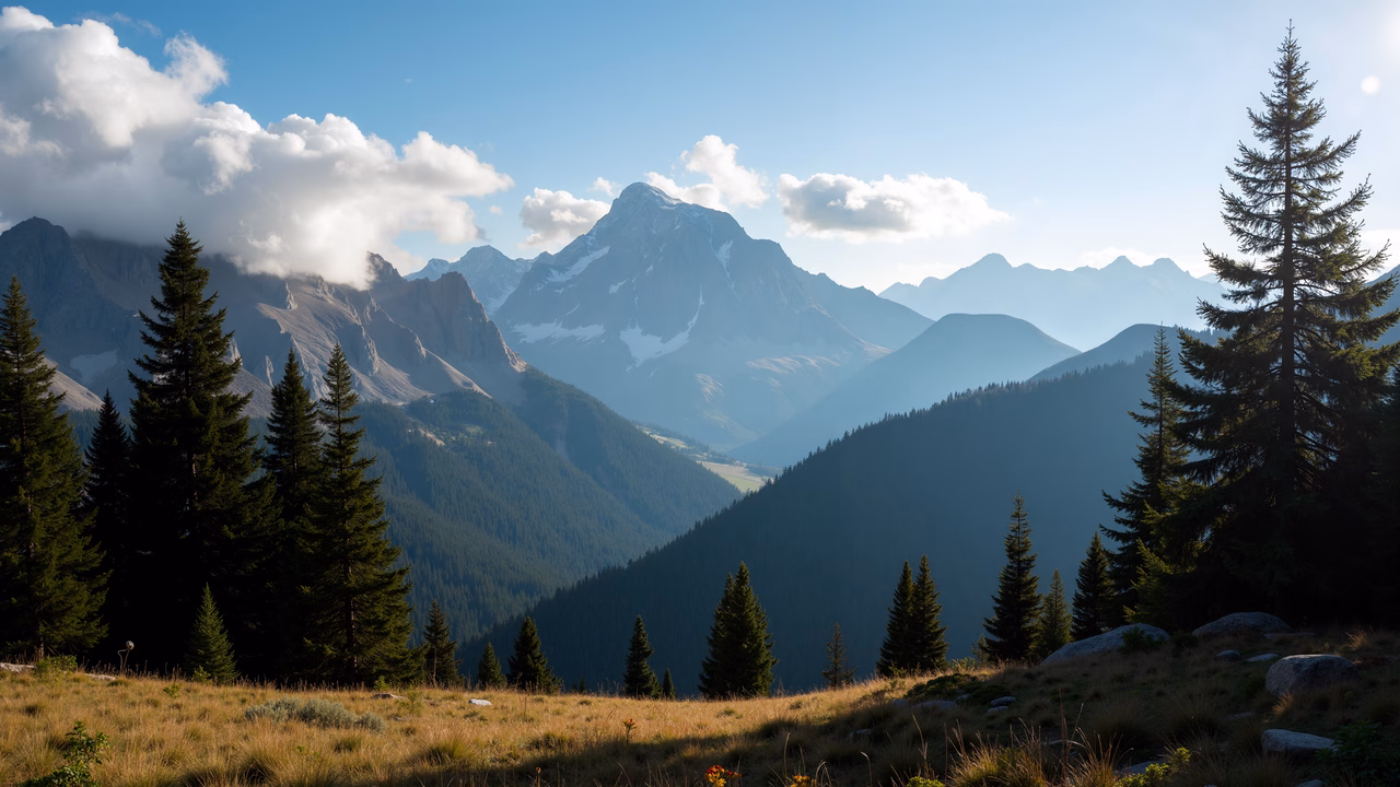 A stunning mountain landscape with vibrant colors and serene atmosphere.
