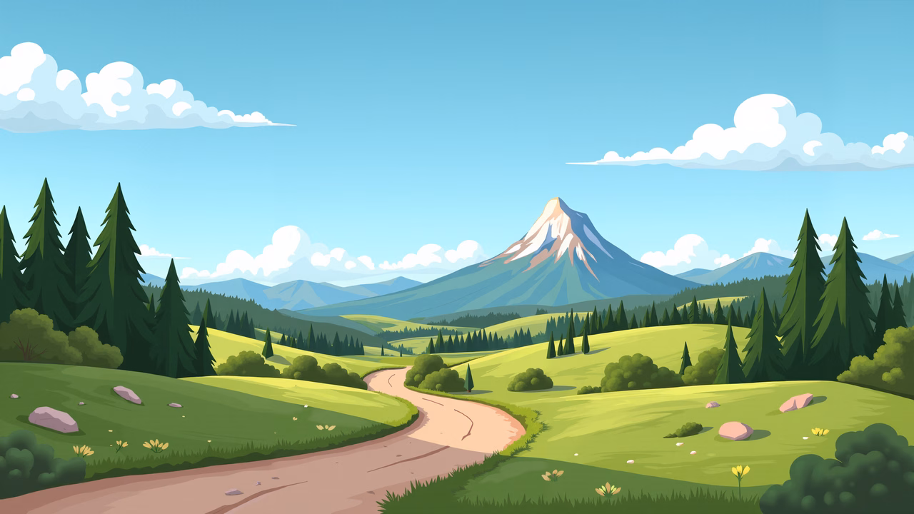 A picturesque mountain landscape with vibrant greens and a winding path.