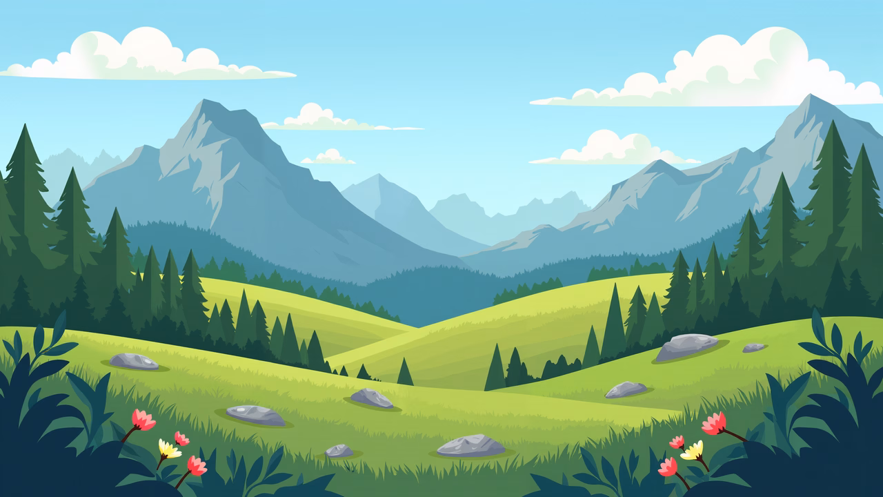 A picturesque mountain landscape with lush green hills and snowy peaks.