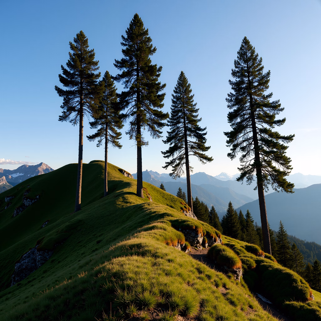 A picturesque mountain landscape featuring tall pine trees and vibrant green hills against a clear blue sky.