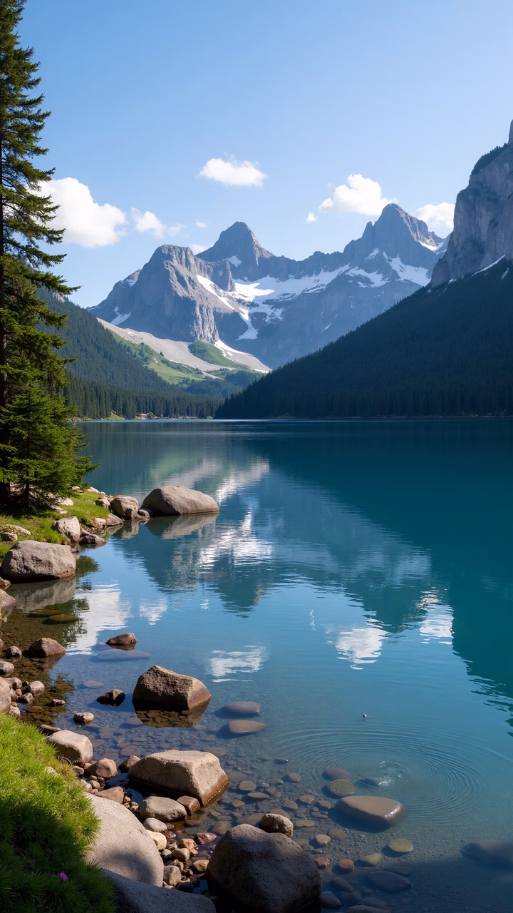 A breathtaking view of a mountain lake reflecting its majestic peaks under a clear blue sky.