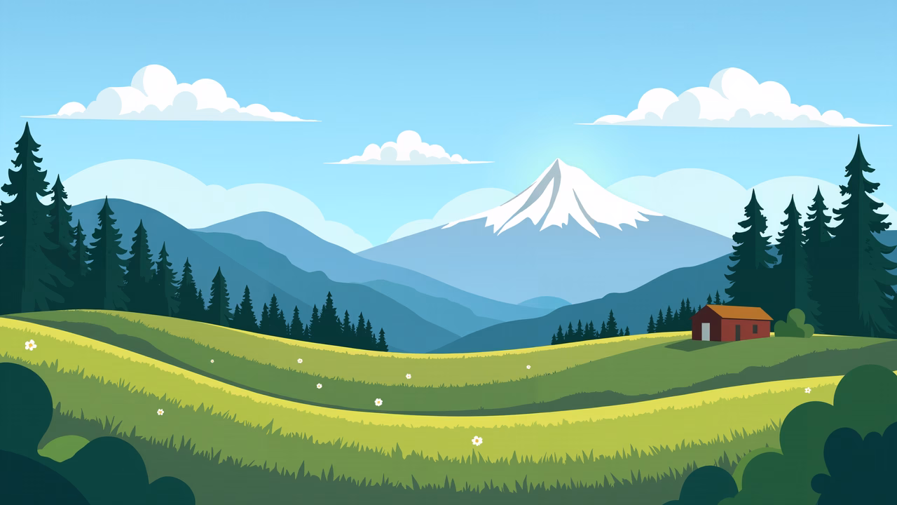 A peaceful mountain retreat with green fields, evergreens, and a snowy peak under a blue sky.