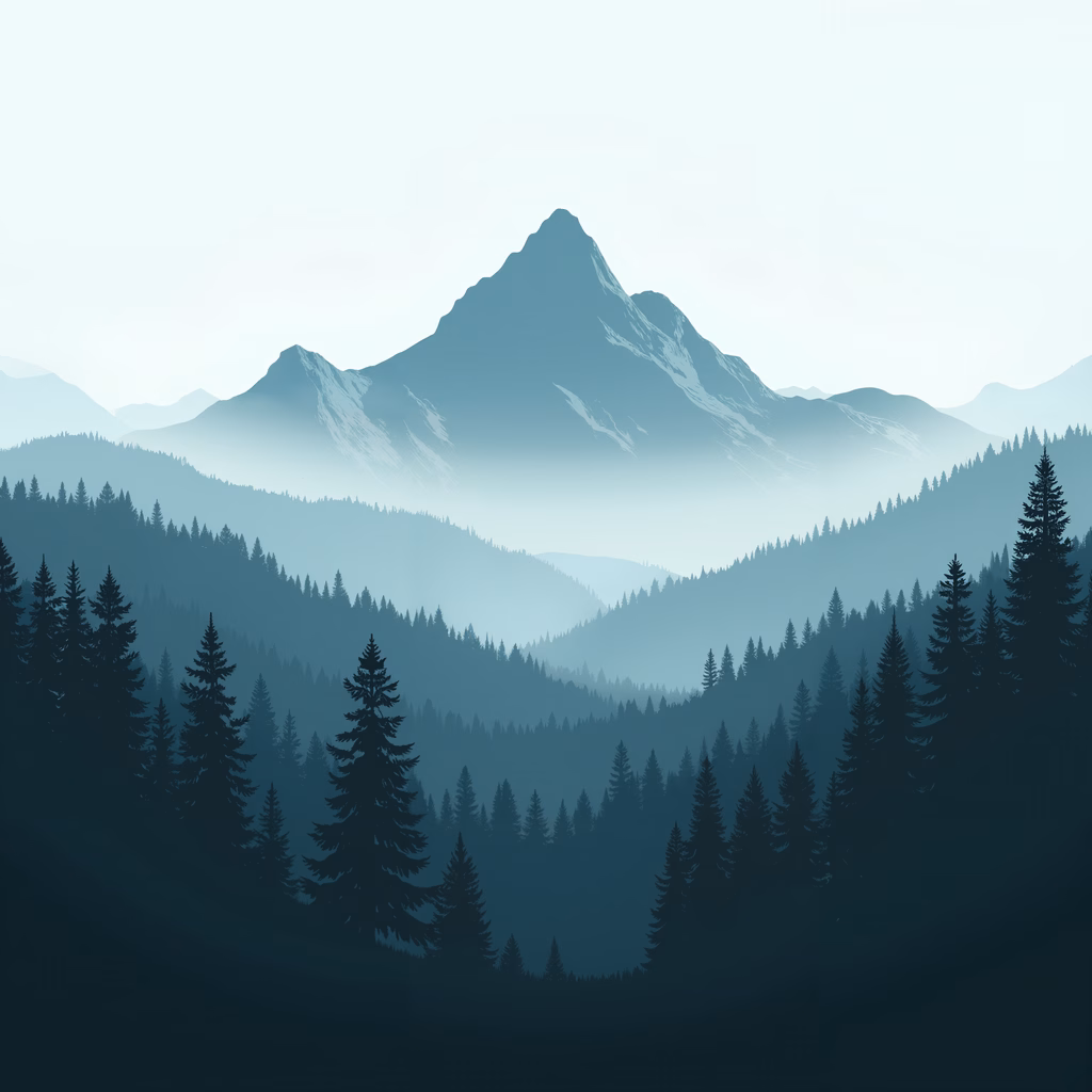 Muted blue and gray tones create a tranquil mountain landscape silhouette.