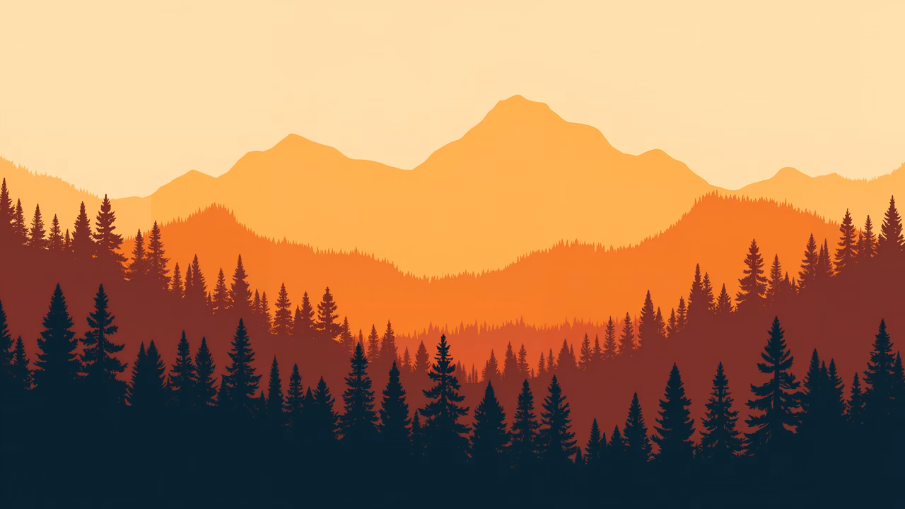 Serene mountain silhouette at sunset, featuring dense pine forests and warm orange tones.