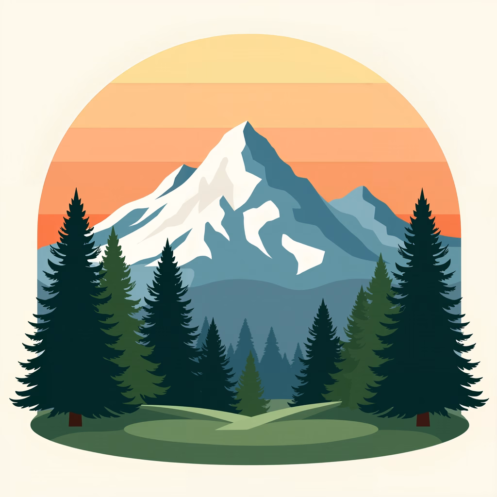 A tranquil mountain sunset with evergreen trees and a snow-capped peak.