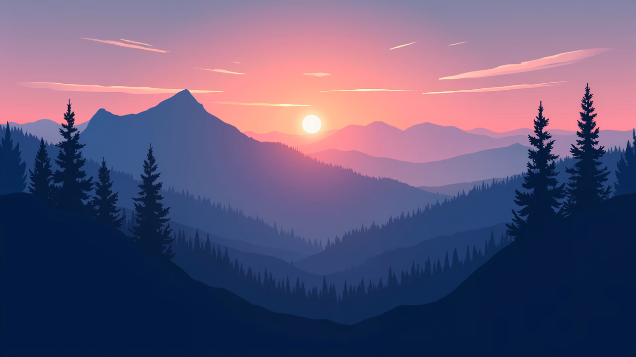 A tranquil sunset over a mountainous landscape, featuring silhouetted trees and a vibrant sky.