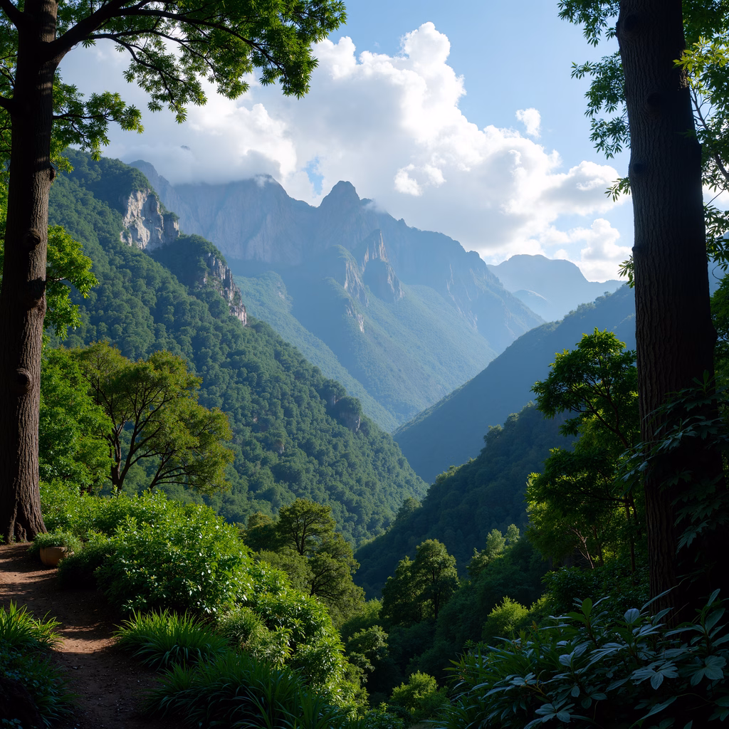 A tranquil mountain valley scene with vibrant greenery and majestic peaks.