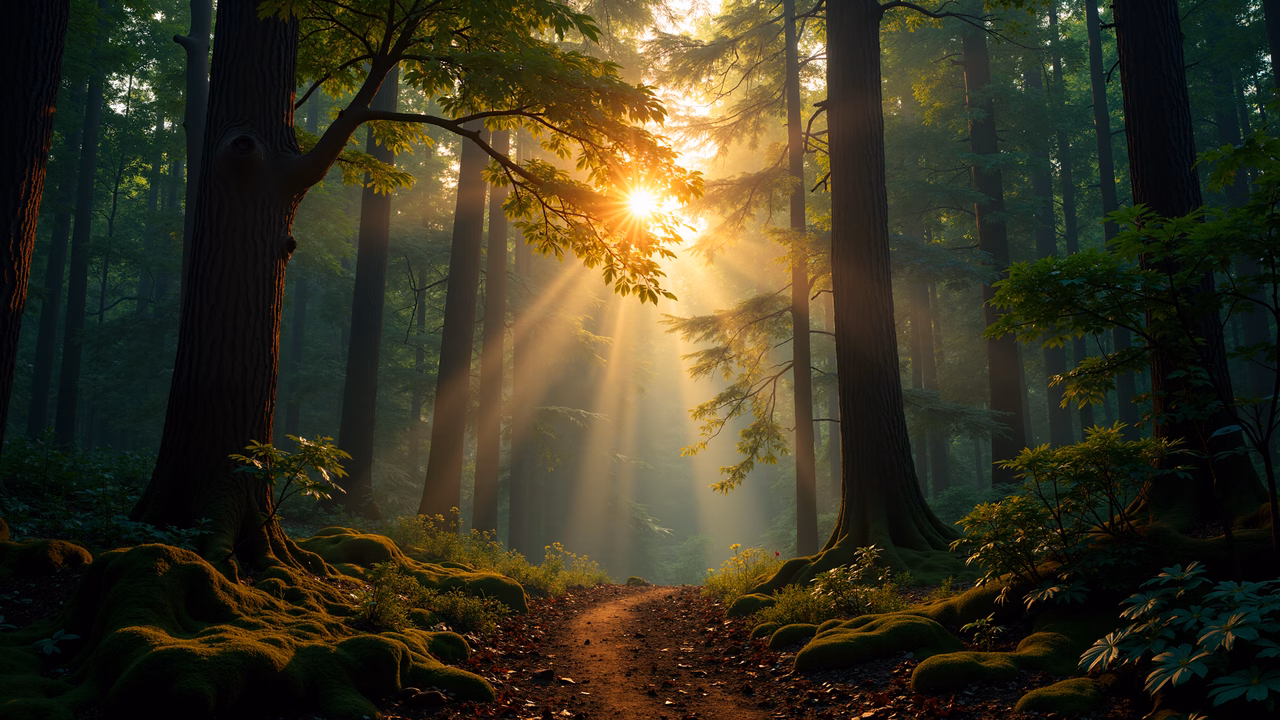 Golden sunlight illuminates a mossy forest path, creating a mystical ambiance.
