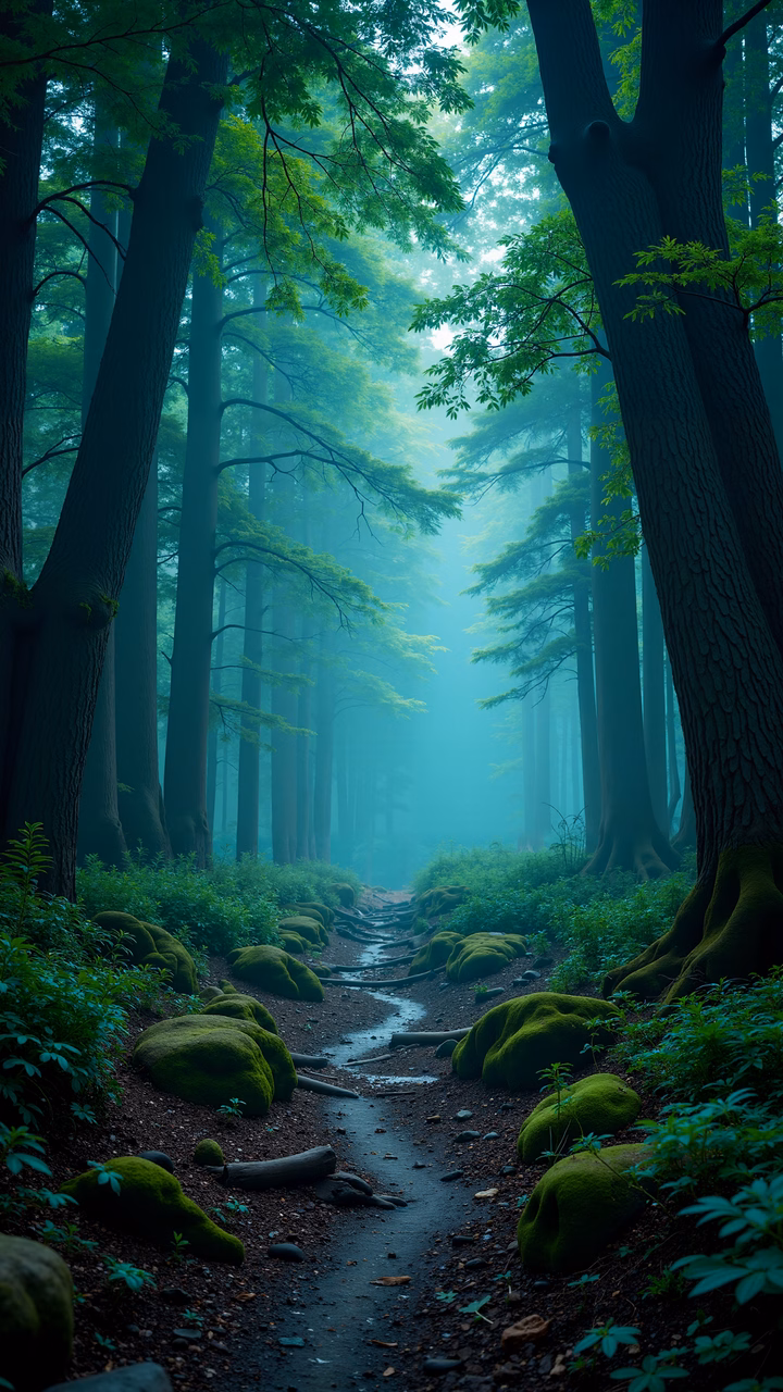 A misty forest path surrounded by tall trees and vibrant greenery.