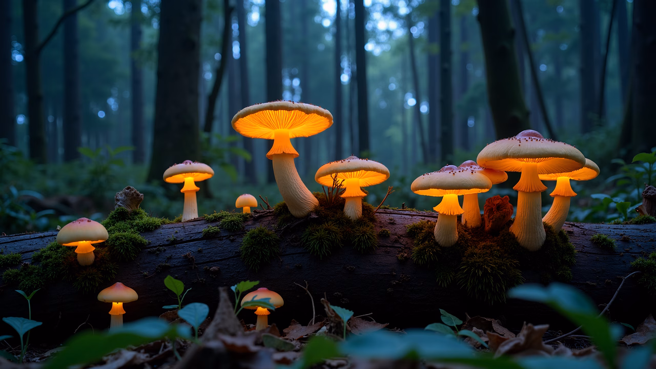 Glowing mushrooms in a mystical forest setting