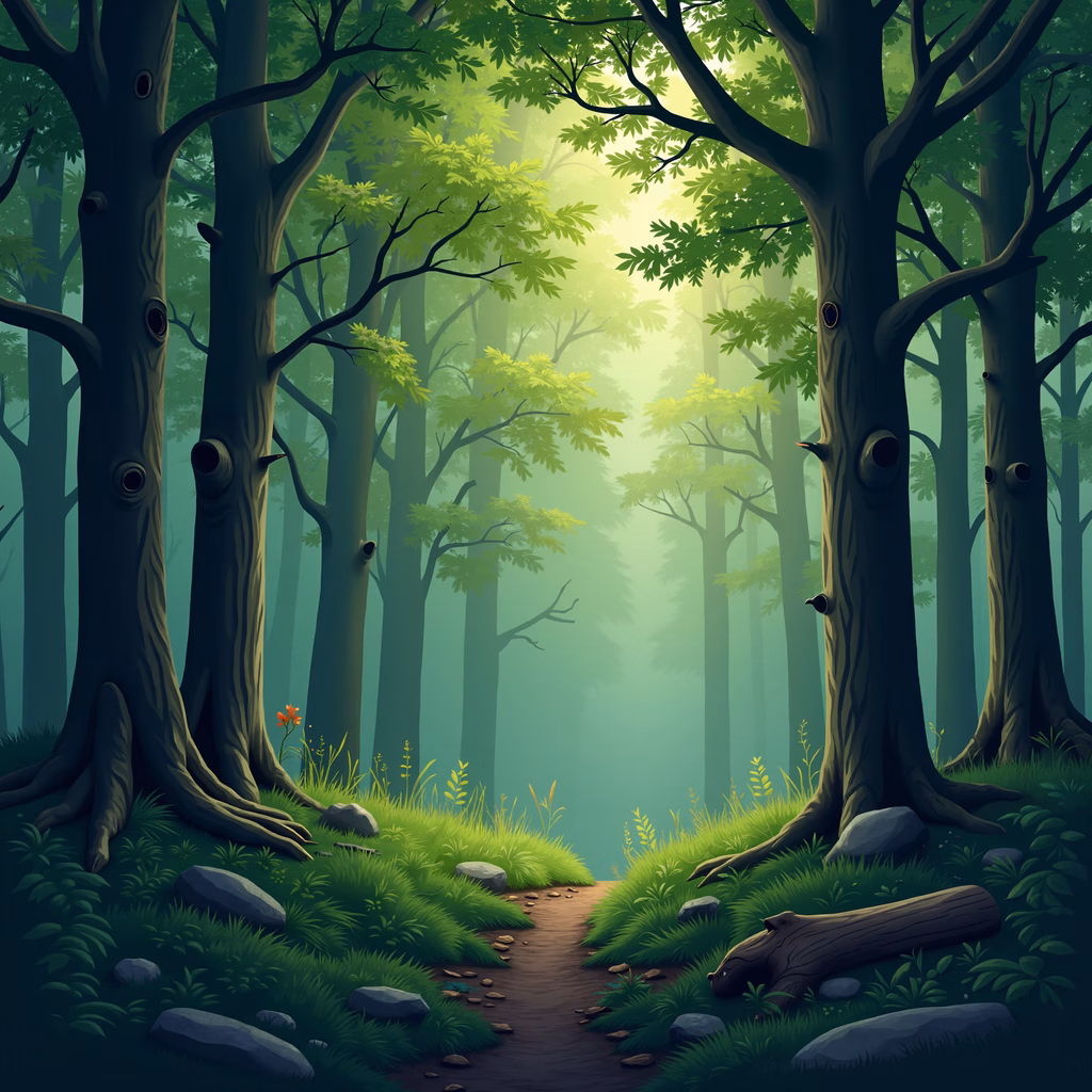 A mystical forest scene with tall trees and a winding path, evoking tranquility and wonder.
