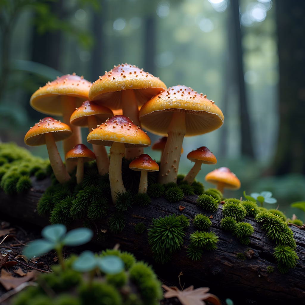 Vibrant orange mushrooms on a moss-covered log in a mystical forest setting.