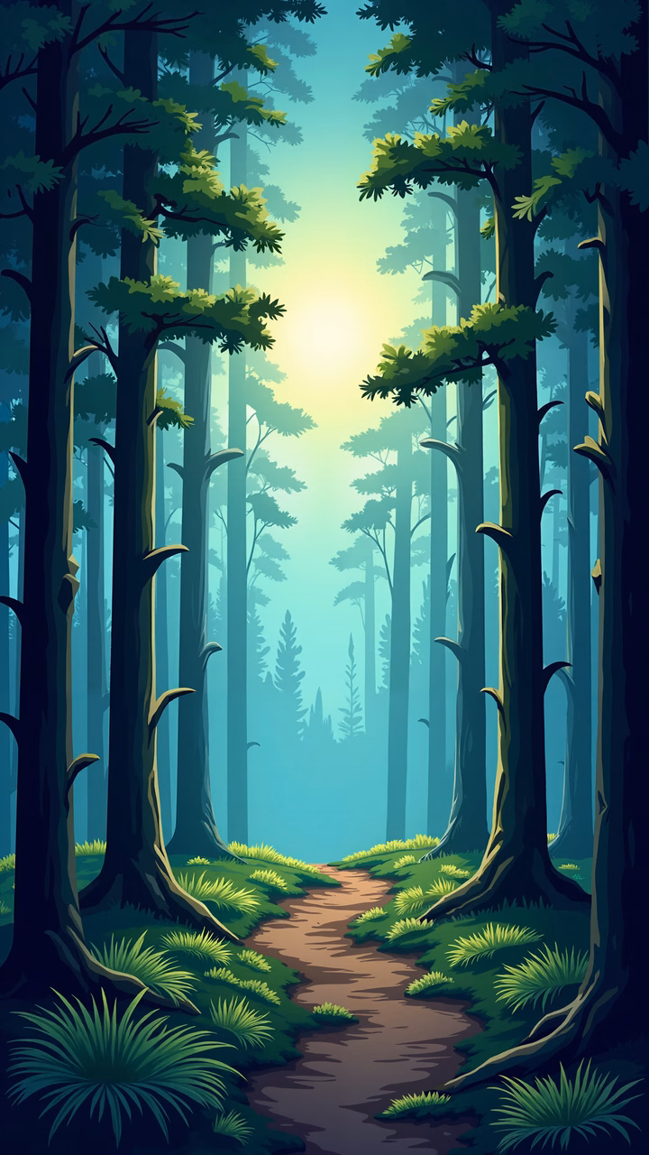 A peaceful forest path surrounded by tall trees and vibrant greens.
