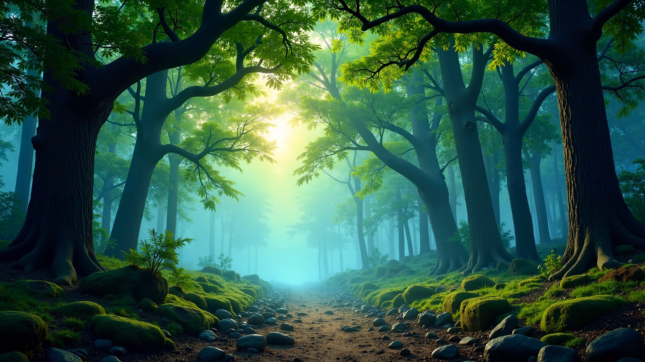 A mystical forest path with towering trees and filtering sunlight, creating a serene and mysterious atmosphere.